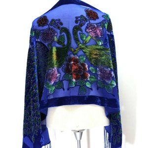 Royal Blue Velvet Scarf, Peacock Scarf, Semi Sheer, Burn out, Flowers, B…
